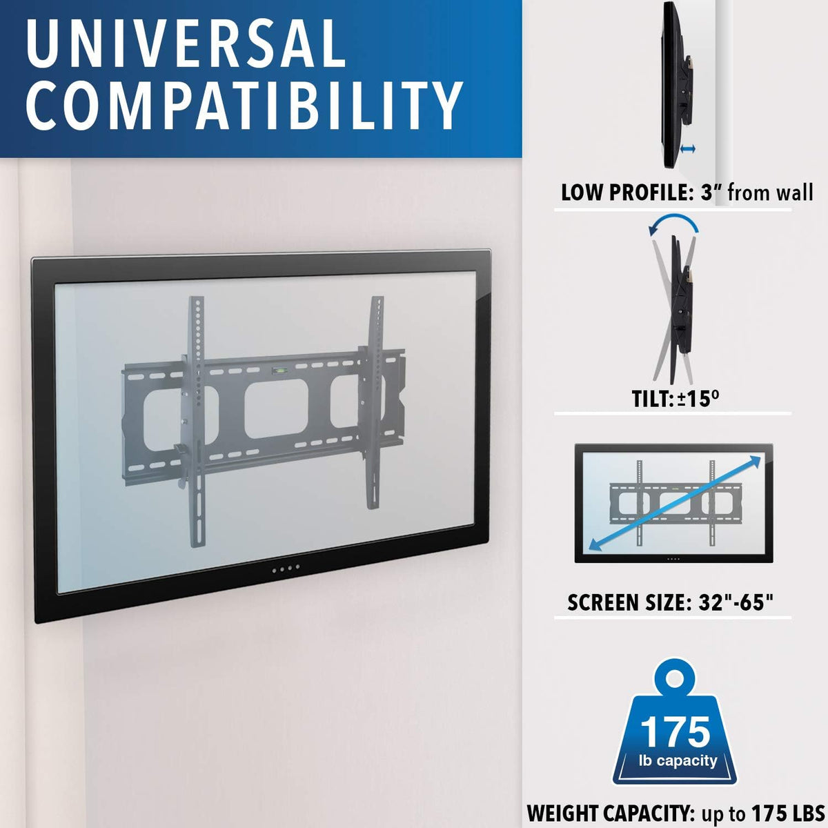 Tilt TV Wall Mount Bracket for Flat Screens, 32” – 65”, Black Pack of 2 C2777