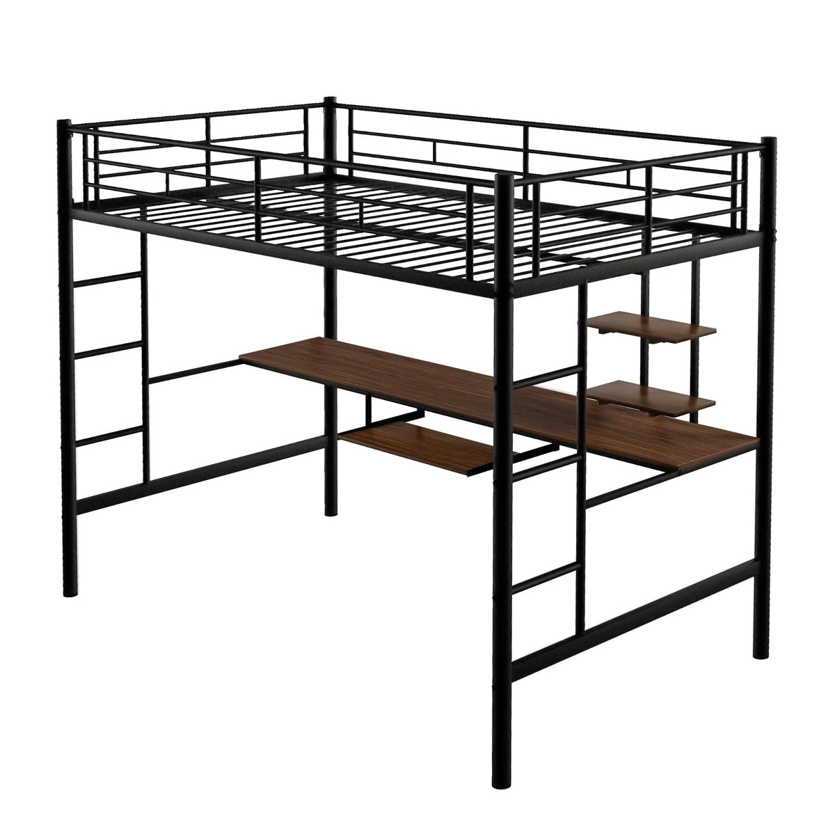 Full Size Black Metal Loft Bed with Desk and Shelves M8911