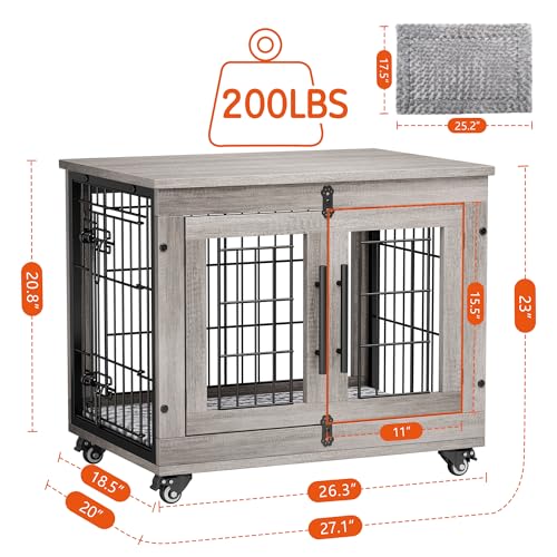Grey Wooden Dog Crate 32'' with Cushion & Wheels Double Doors Z65063