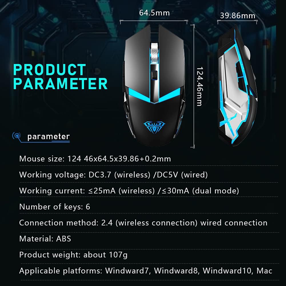 LED Wireless Gaming Mouse, 2.4G Rechargeable Ergonomic Optical, Black Pack of 2 A391540