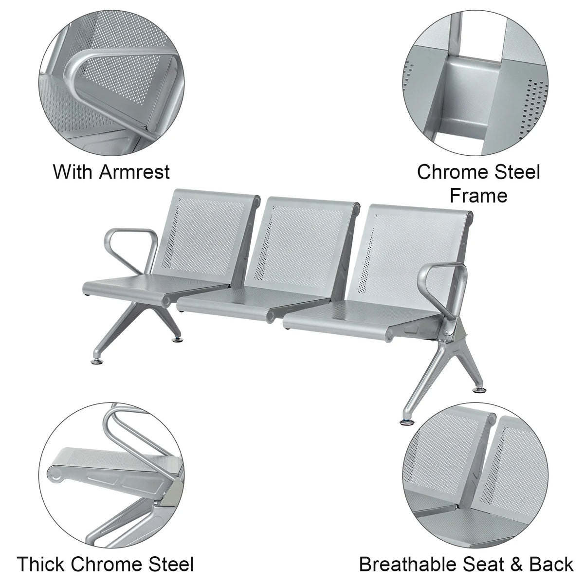 3-Seat Office Guest Waiting Chair Bench with Steel Frame U56244