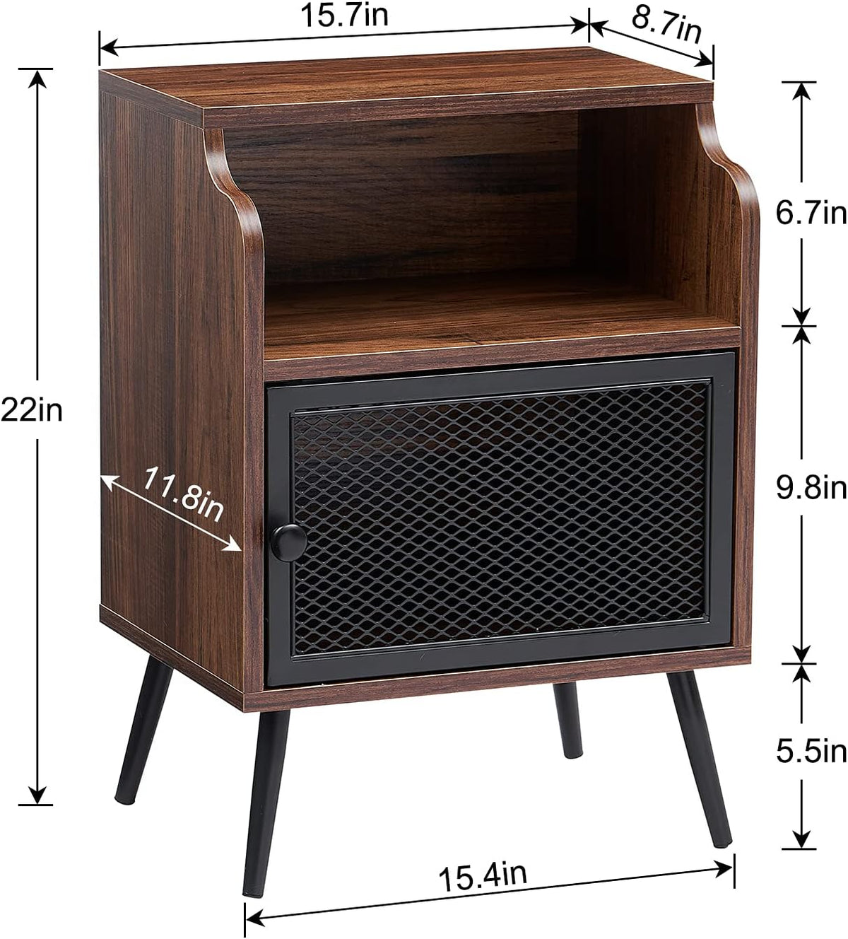 Brown Metal Nightstand with Storage Cabinet and Drawer Shelf Y3347