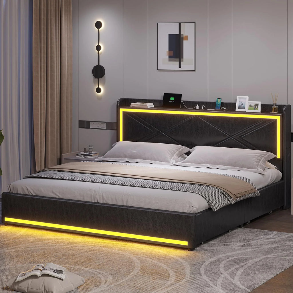 Queen Size Upholstered Platform Bed with 4 Storage Drawers Y3486