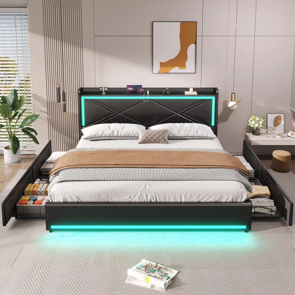 Queen Size Upholstered Platform Bed with 4 Storage Drawers Y3486