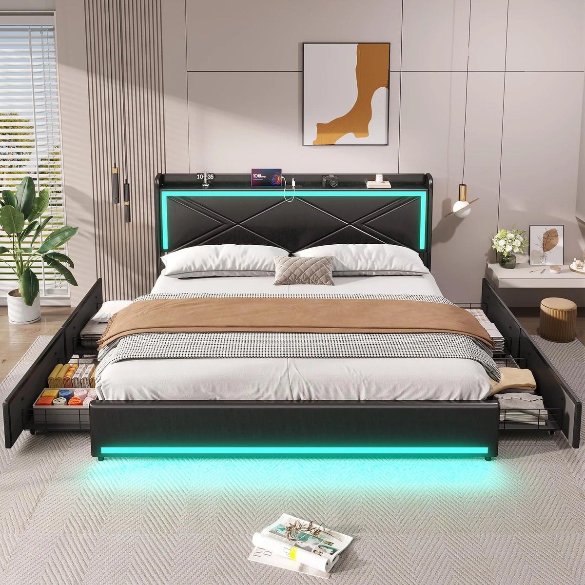 Queen Size Upholstered Platform Bed with 4 Storage Drawers Y3486