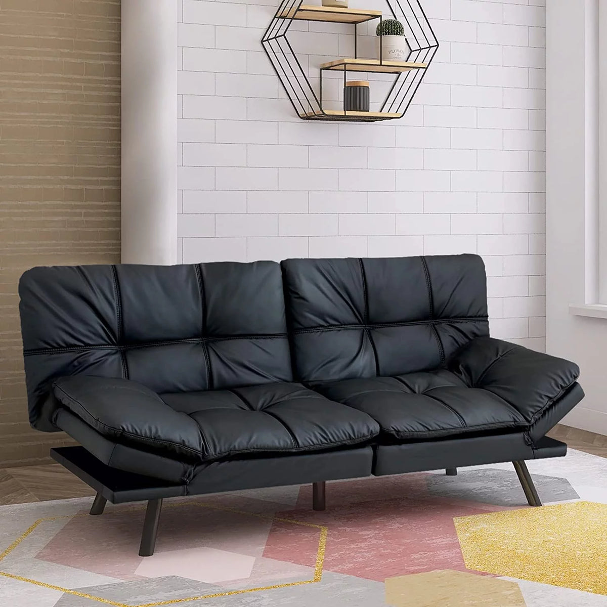 Black Leather Memory Foam Convertible Futon Sofa Bed B143907