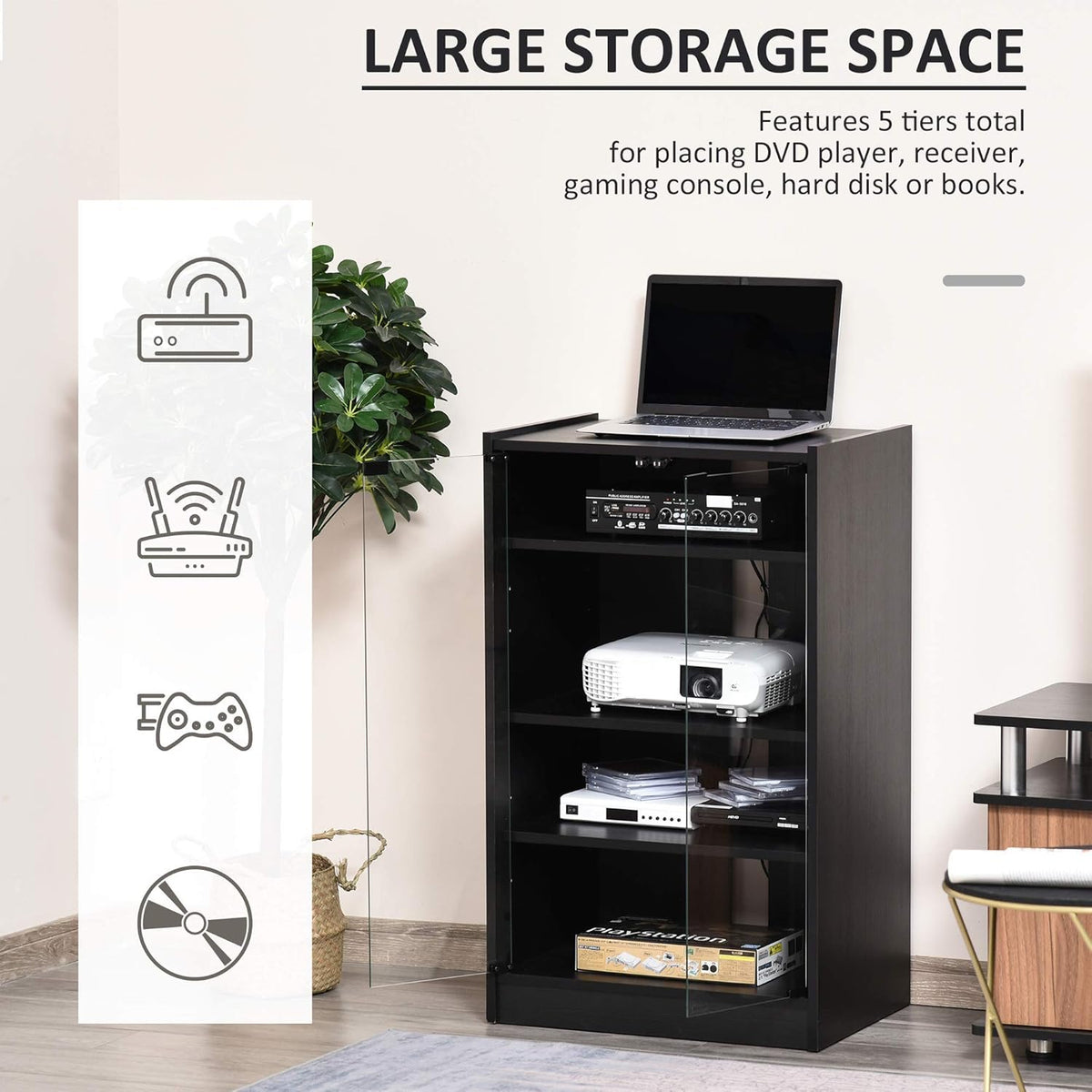 Black 5-Tier Media Stand Cabinet with Tempered Glass Doors K14898