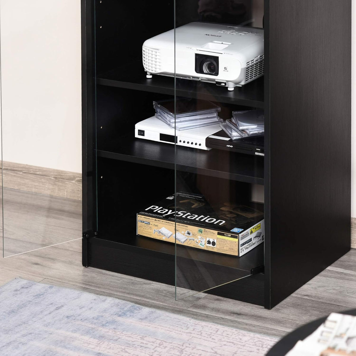 Black 5-Tier Media Stand Cabinet with Tempered Glass Doors K14898