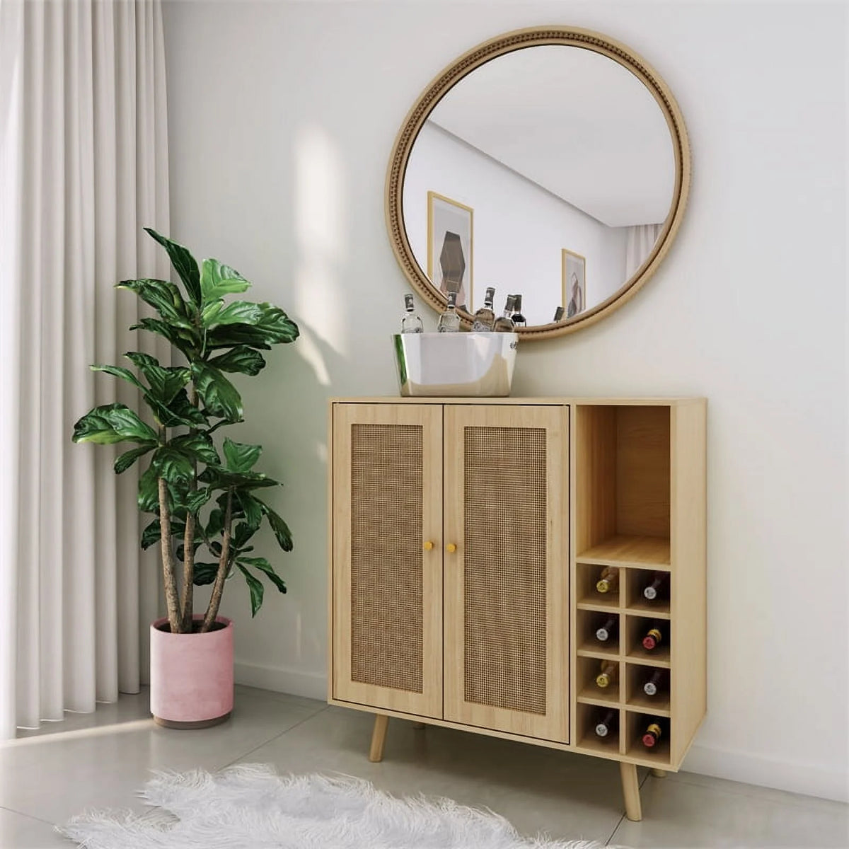 Modern Engineered Wood Bar Cabinet with Rattan Inlay in Oak D1279