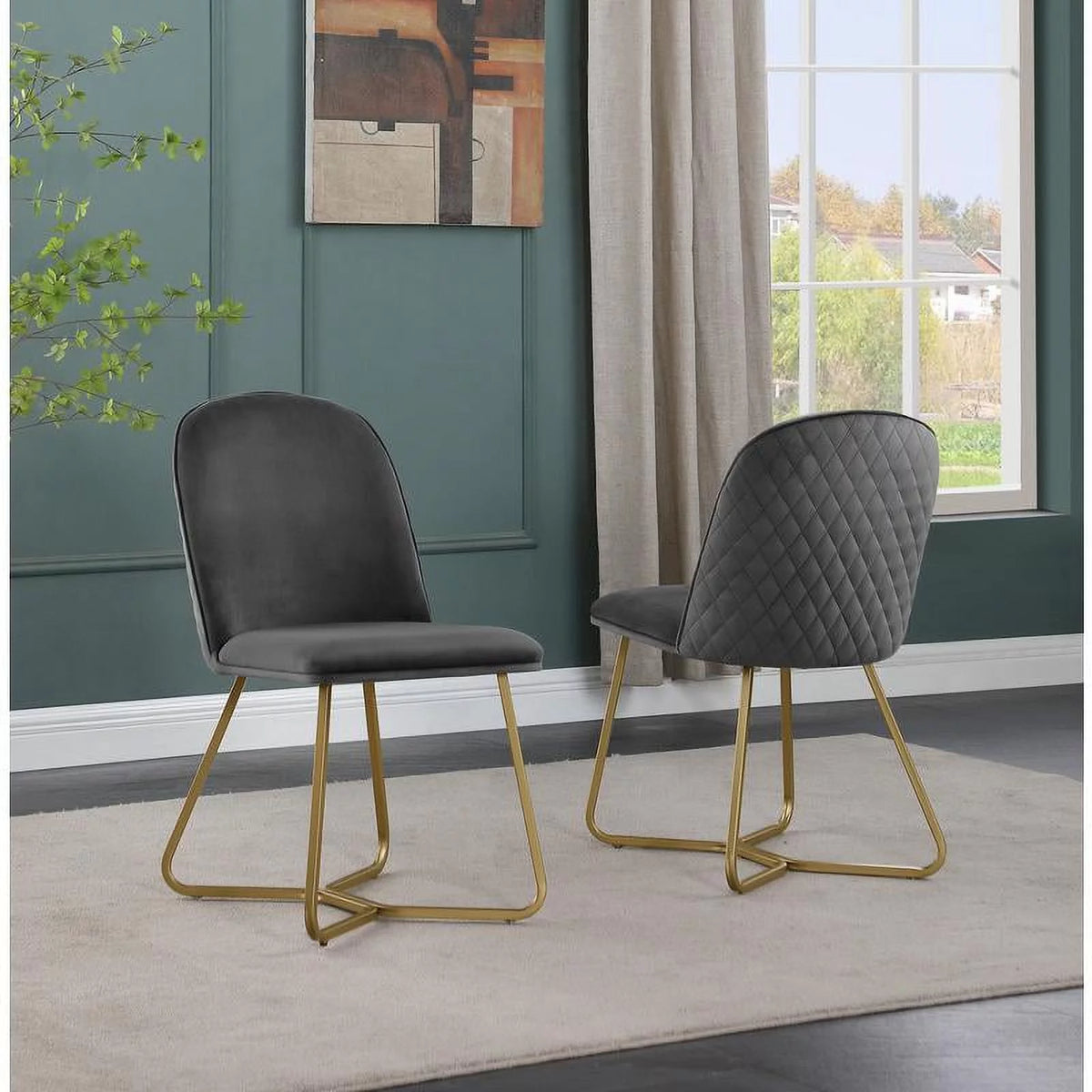 5pc Black Wood Dining Table with 4 Dark Grey Velvet Chairs C899202