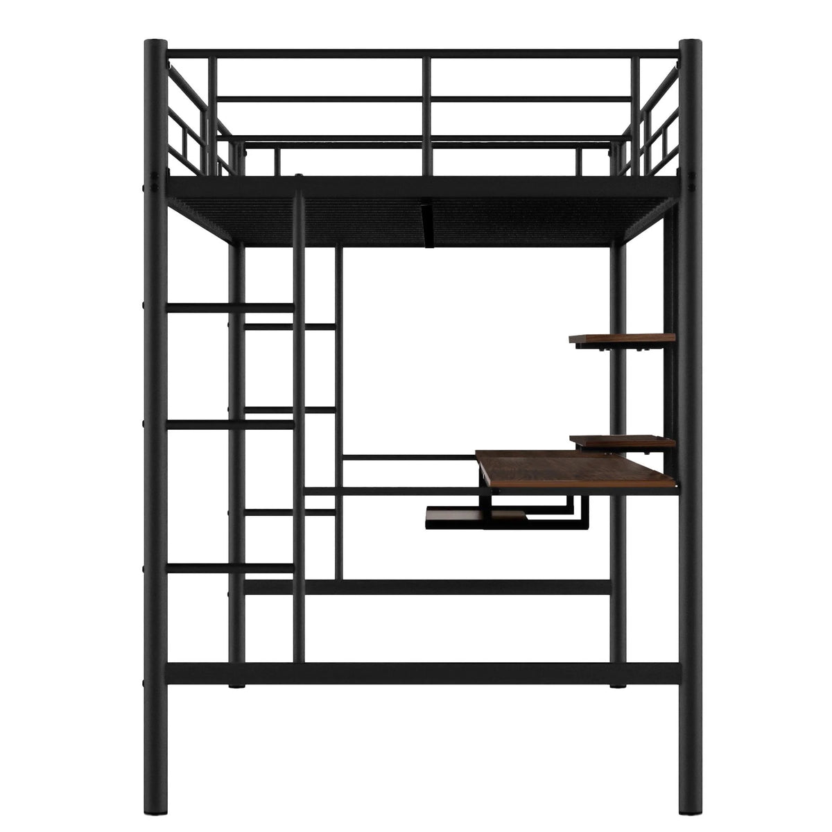Full Size Black Metal Loft Bed with Desk and Shelves M8911