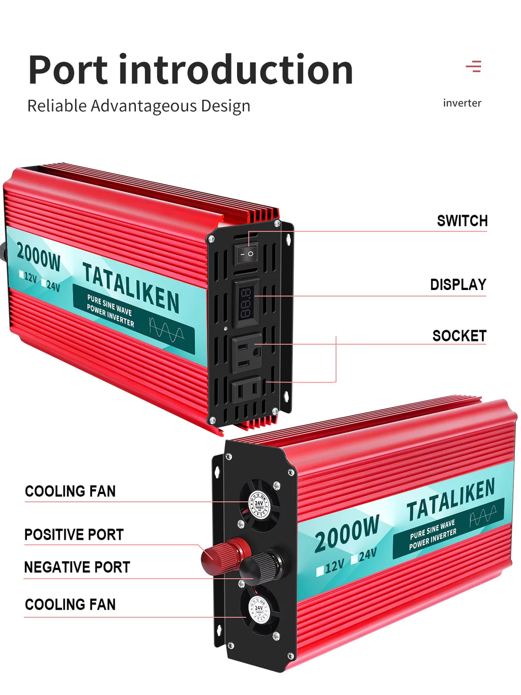 2000 Watts Pure Sine Wave Power Inverter DC 12V to AC 110V/120V with 2 AC Outlets H9963