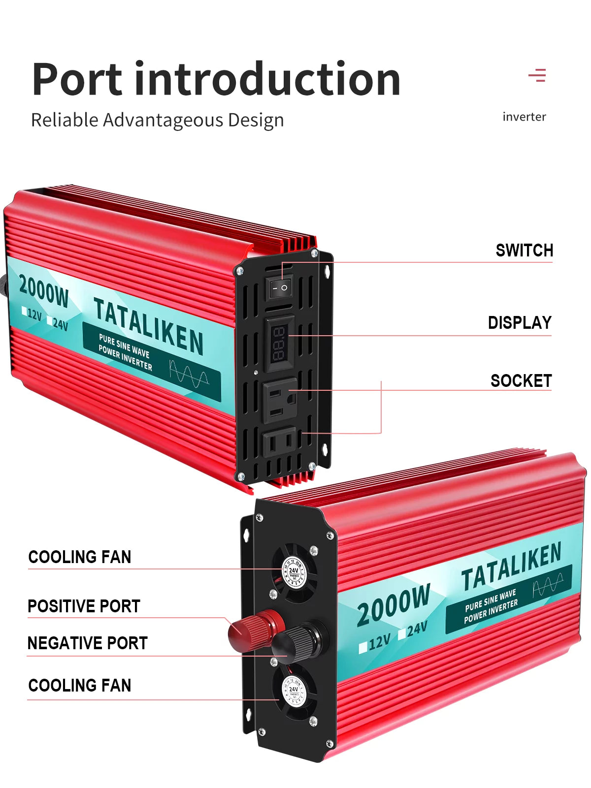 2000 Watts Pure Sine Wave Power Inverter DC 12V to AC 110V/120V with 2 AC Outlets H9963