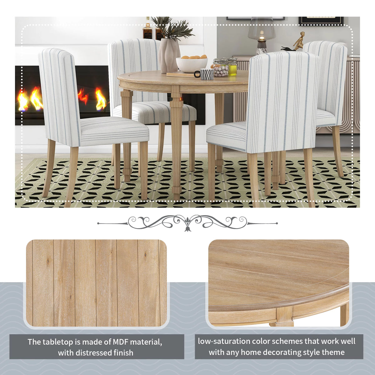 Round Dining Table Set for 4, 5-Piece Solid Wood M655110