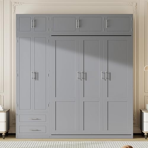 Queen Size Wood Murphy Bed with Desk and Storage Shelves J624