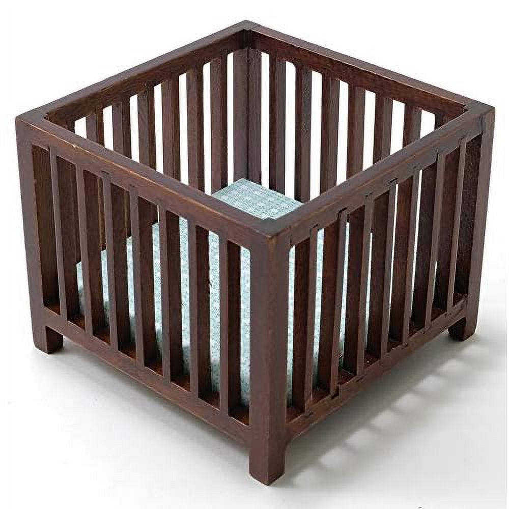 Walnut Slatted Play Pen with Blue Fabric O815