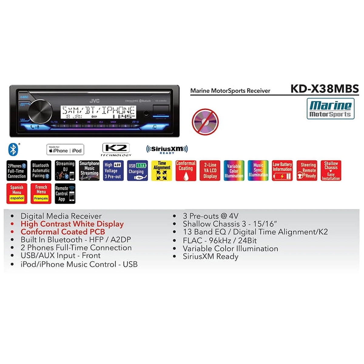 Single DIN Marine Bluetooth USB AUX LED AM/FM Radio Stereo Receiver with Dash Protector and Antenna V6981