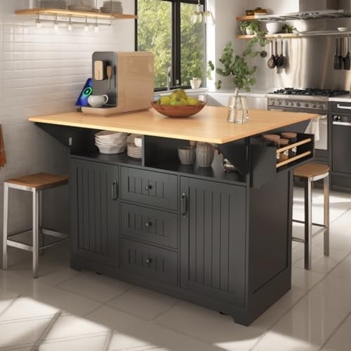 Black Kitchen Island with 2 Drop Leaf, 3 Drawers, Storage Cabinet I2003