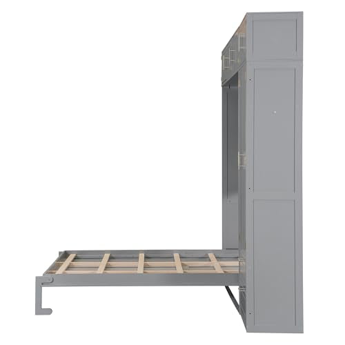 Queen Size Wood Murphy Bed with Desk and Storage Shelves J624