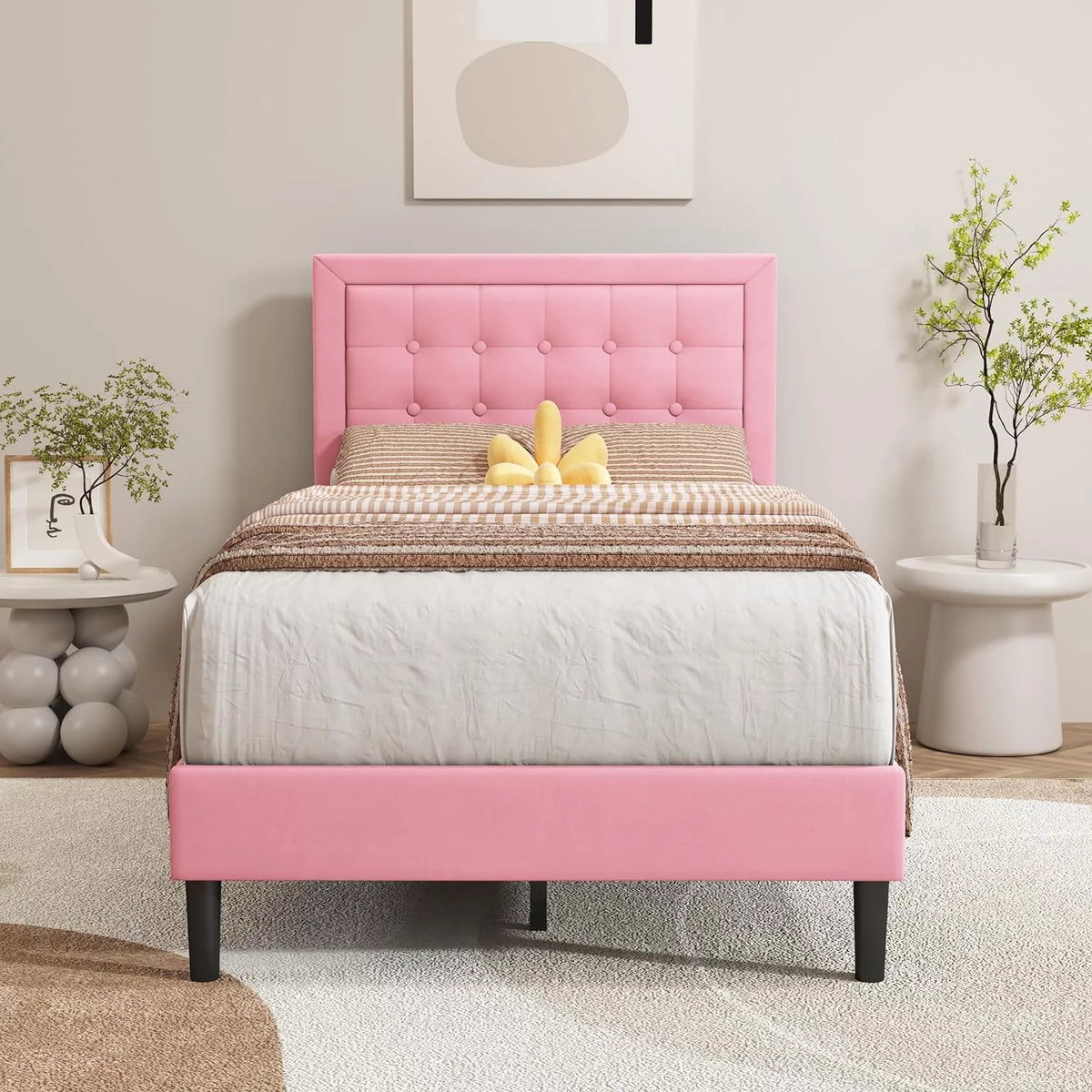 Pink Velvet Upholstered Platform Bed Frame Twin Size Z5784