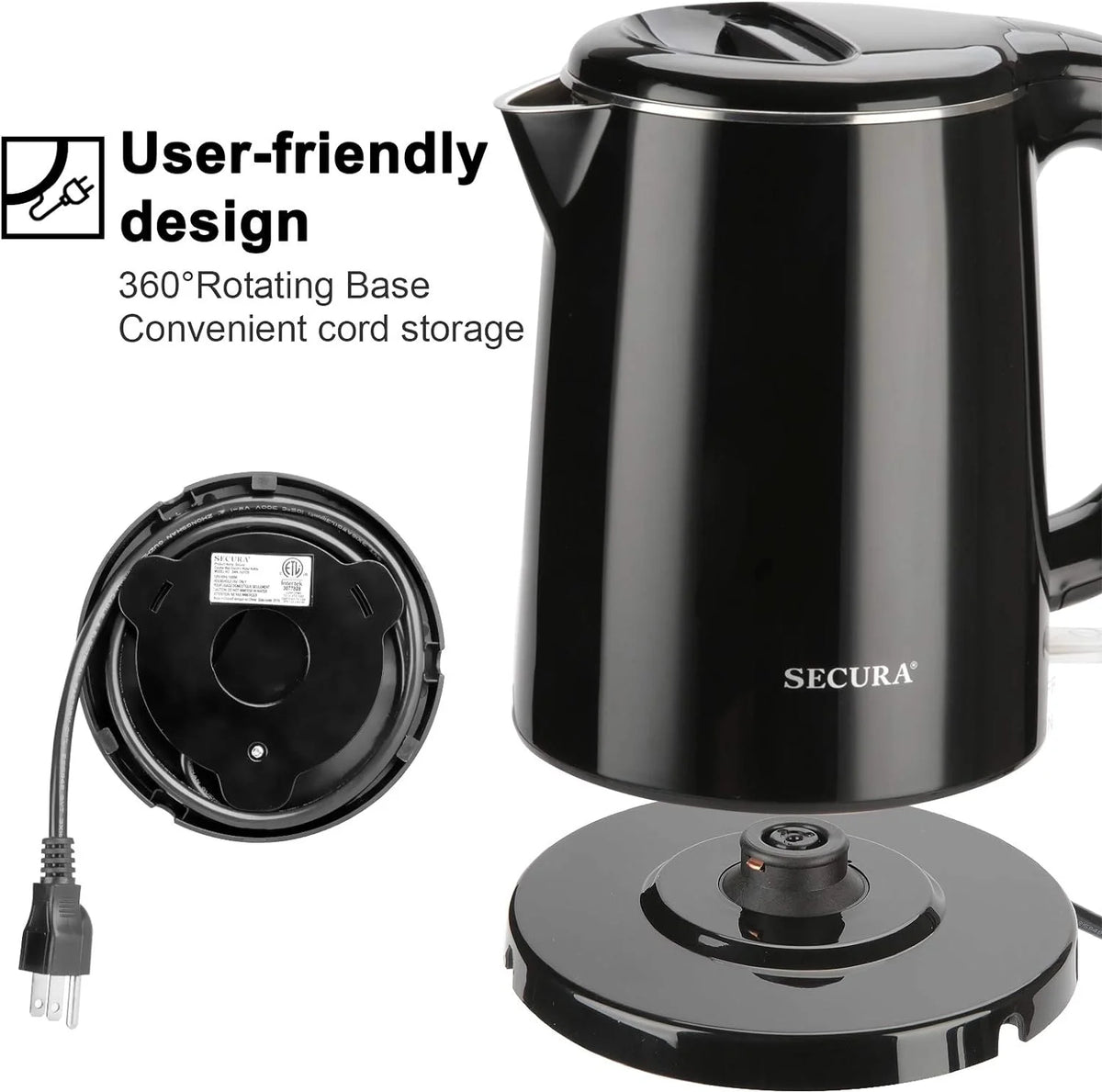 Stainless Steel Double Wall Electric Kettle 1.0L Black V49544