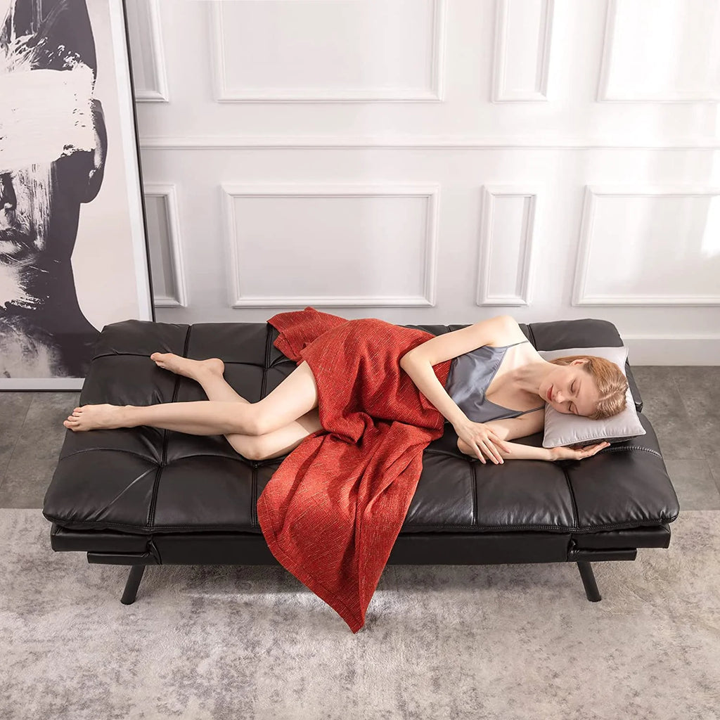 Black Leather Memory Foam Convertible Futon Sofa Bed B143907