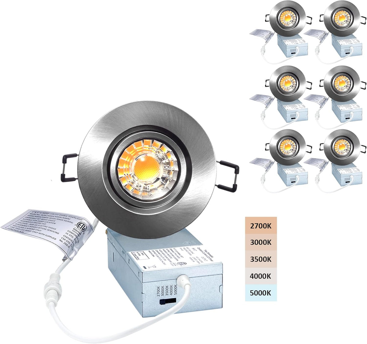 Canless Recessed Gimbal Downlight 5 CCT Dimmable 8W Brushed Nickel 3 Inch V78133