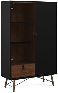 Black Matte/Walnut Drawer China Cabinet with Glass Door S603