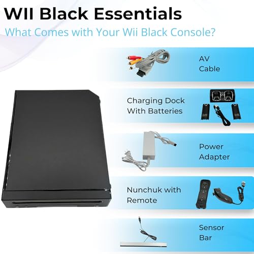 Black Wii Console with 2 Remotes, 2 Nunchucks, Dual Dock Stand, Sensor Bar, AV Cable Q93315