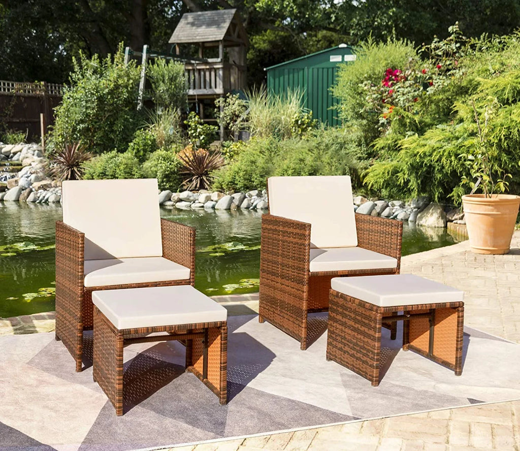 Beige 4 Piece PE Wicker Patio Furniture Set with Ottomans N474657
