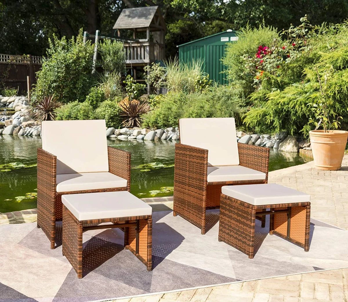 Beige 4 Piece PE Wicker Patio Furniture Set with Ottomans N474657
