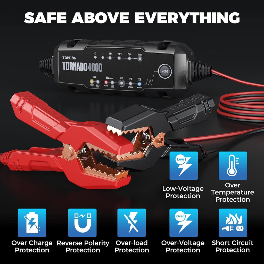 Car Battery Charger 4A/1A 6V/12V for Lead-Acid/Lithium ion Batteries J9503
