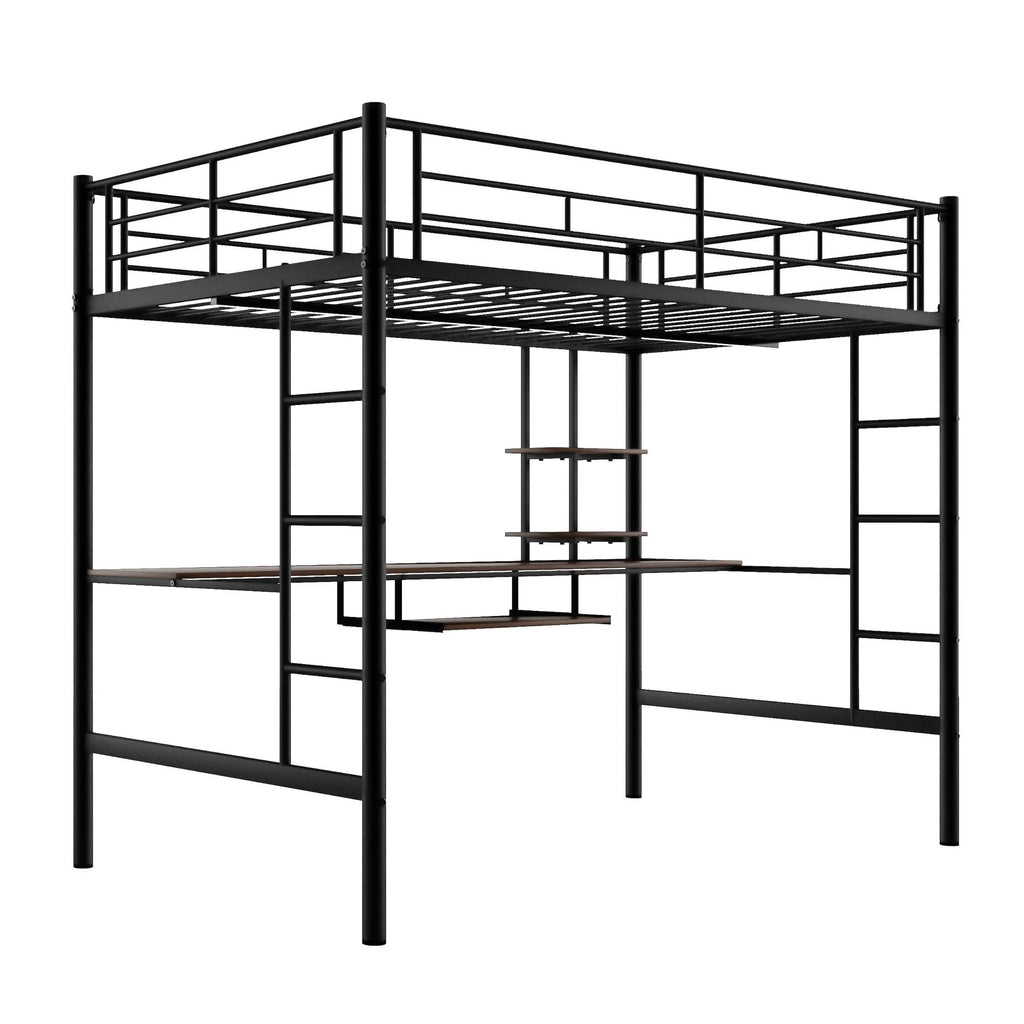 Full Size Black Metal Loft Bed with Desk and Shelves M8911
