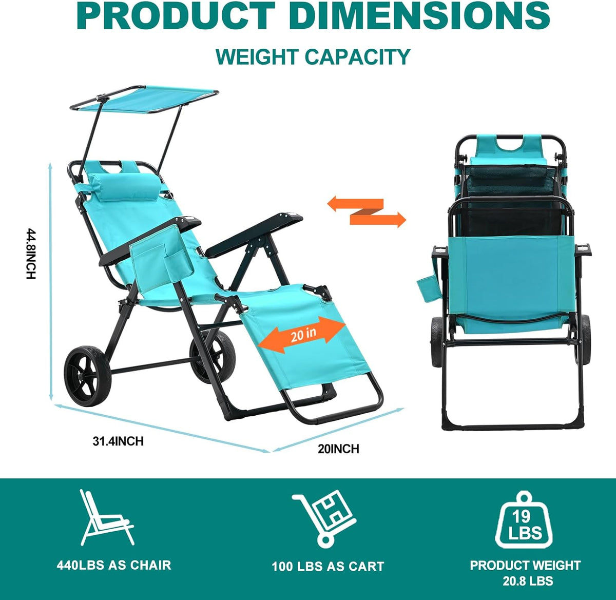 2 in 1 Foldable Chaise Lounge Chair with Wagon Cart and Wheels G897