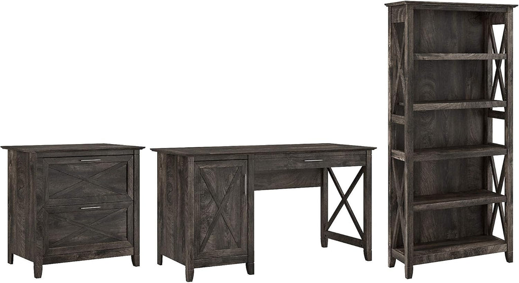 54W Reclaimed Pine Computer Desk with 2 Drawer File Cabinet and 5 Shelf Bookcase Z757