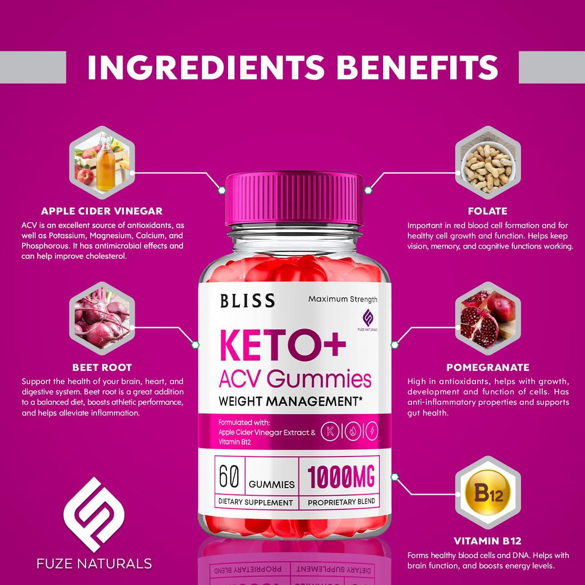 Keto ACV Gummies 1000mg Apple Cider Vinegar Vitamin B12 B6 Folate Supplement (60 Gummies) R523