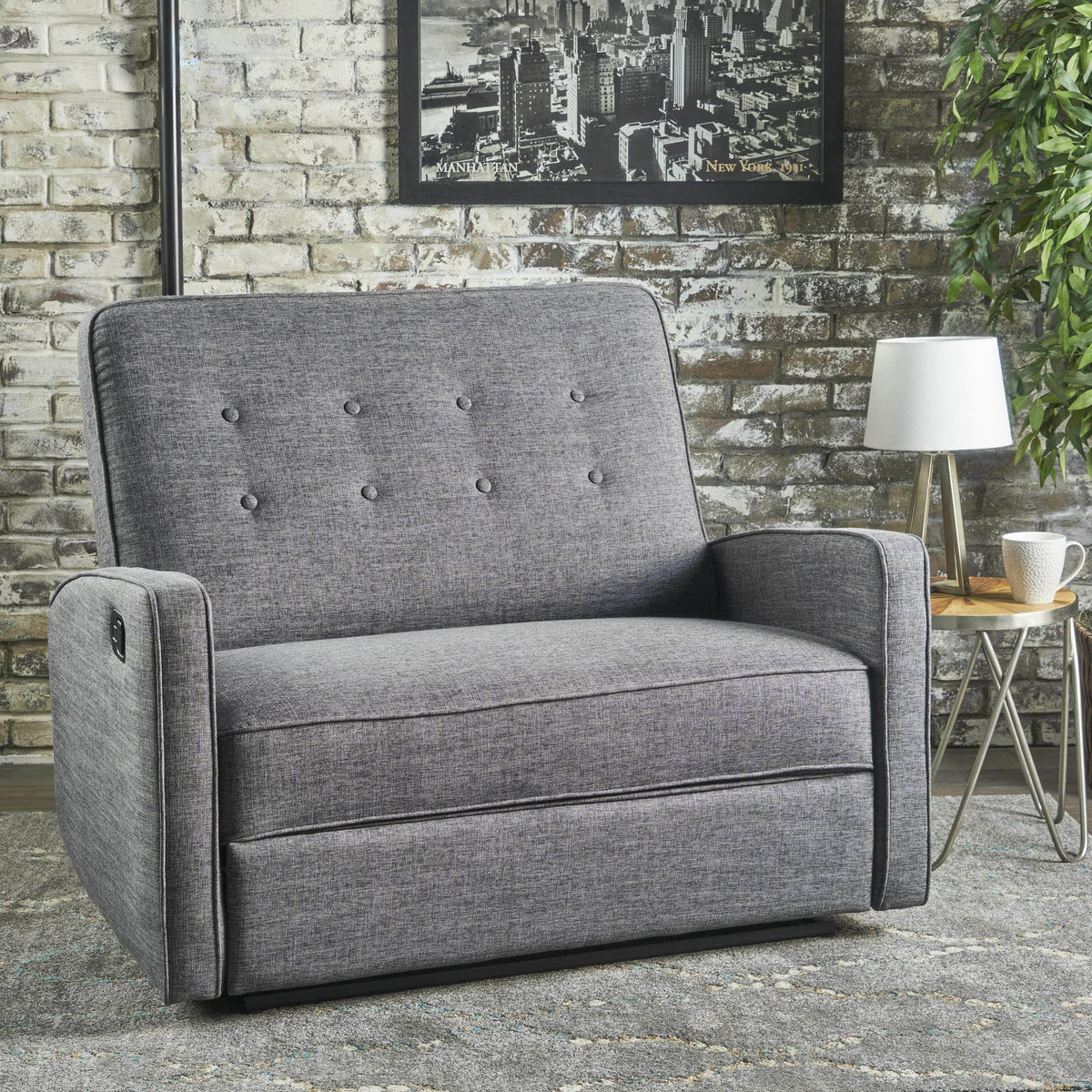 Gray Buttoned Fabric Reclining Loveseat I8947