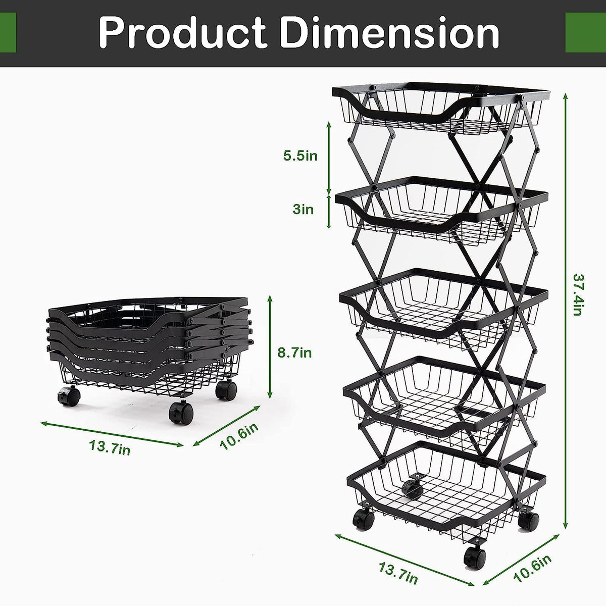 5 Tier Foldable Rolling Storage Cart with Lockable Wheels J9167