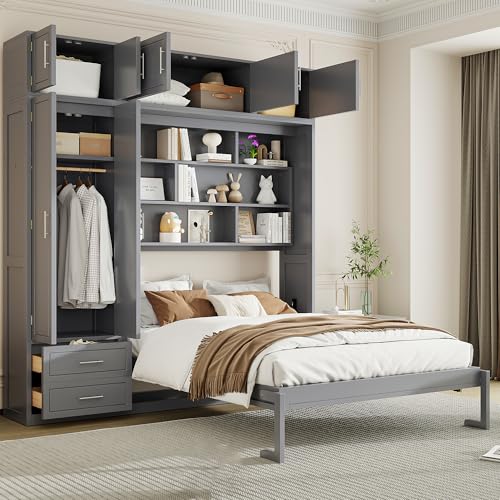Queen Size Wood Murphy Bed with Desk and Storage Shelves J624