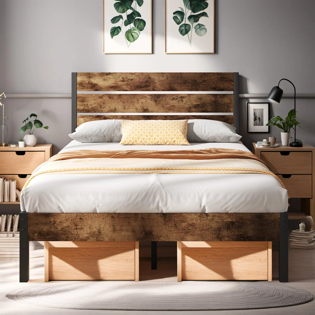 Queen Bed Frame with Wood Headboard and Footboard, Rustic Brown P641