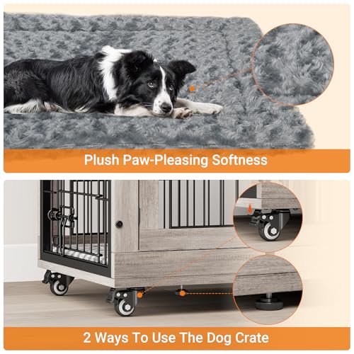 Grey Wooden Dog Crate 32'' with Cushion & Wheels Double Doors Z65063