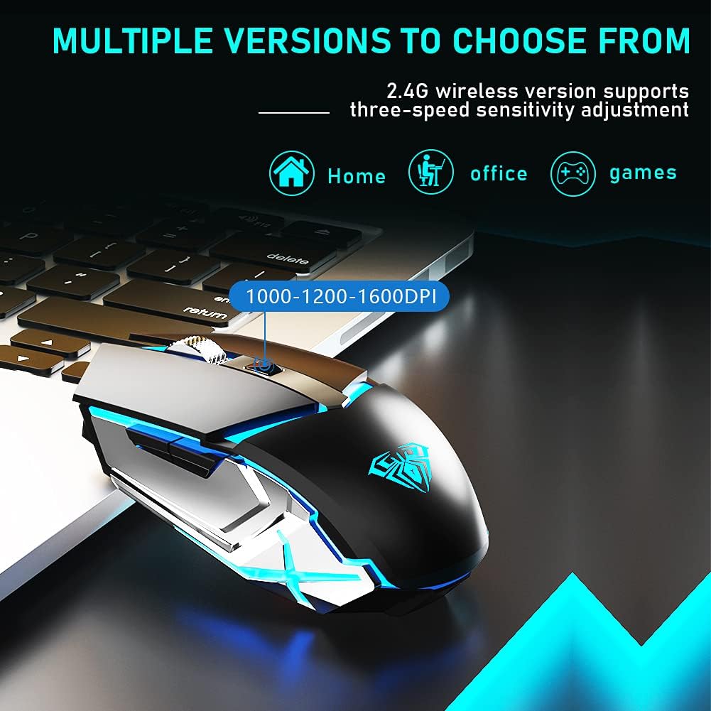 LED Wireless Gaming Mouse, 2.4G Rechargeable Ergonomic Optical, Black Pack of 2 A391540