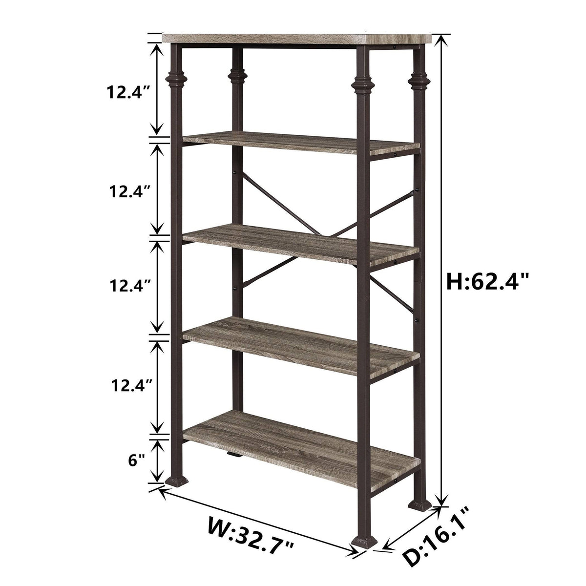 5-Tier Grey Oak Metal Bookshelf T579704