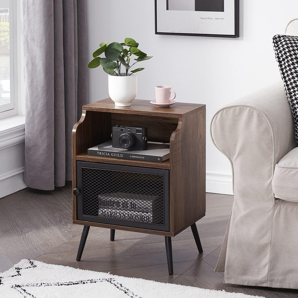Brown Metal Nightstand with Storage Cabinet and Drawer Shelf Y3347
