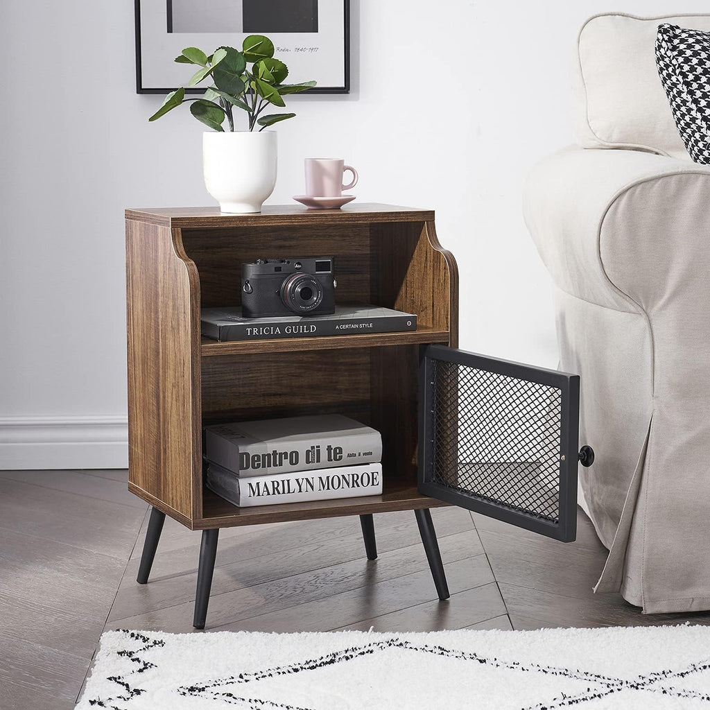 Brown Metal Nightstand with Storage Cabinet and Drawer Shelf Y3347