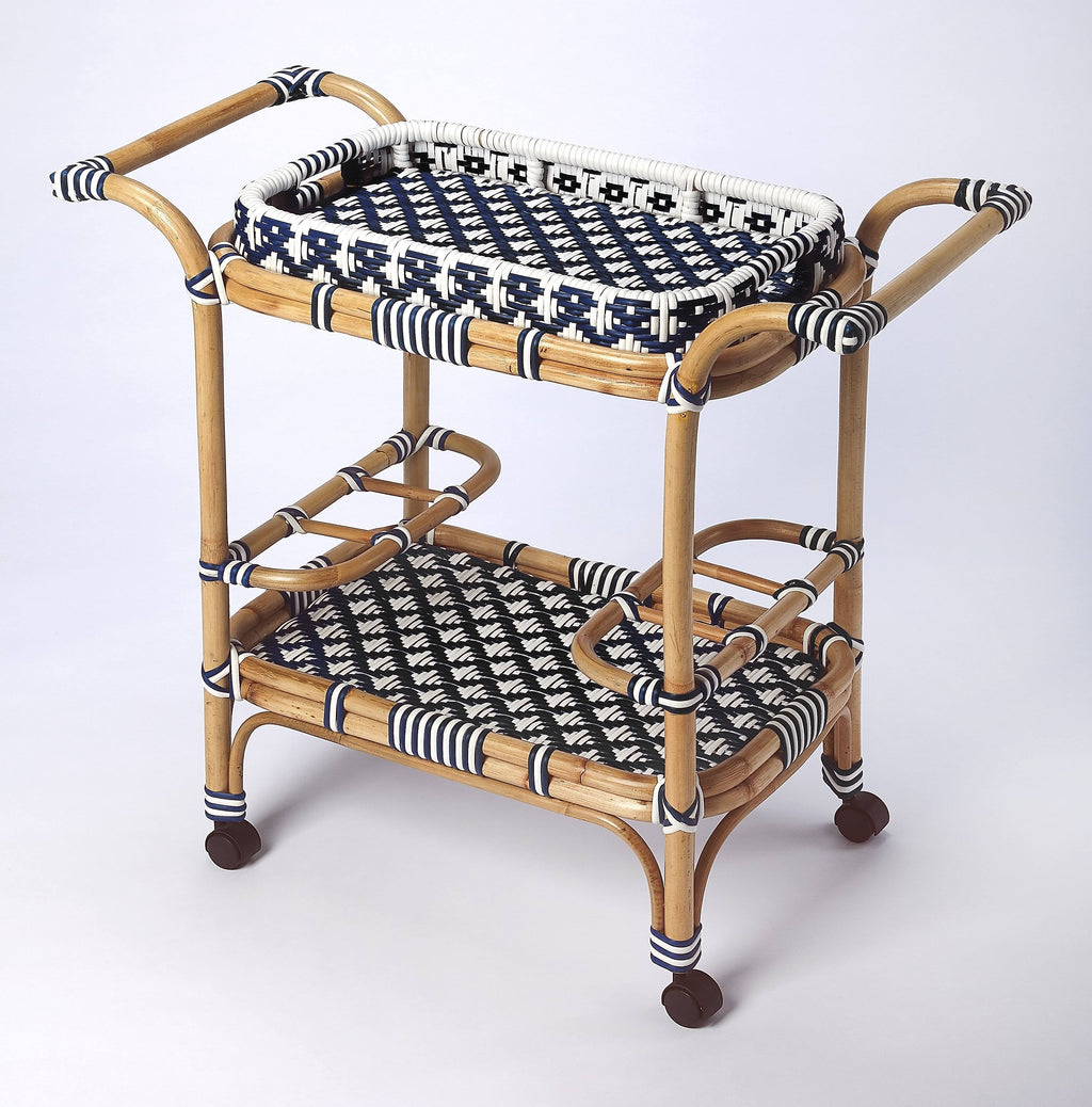 Blue & White Rattan Bar Cart I98201