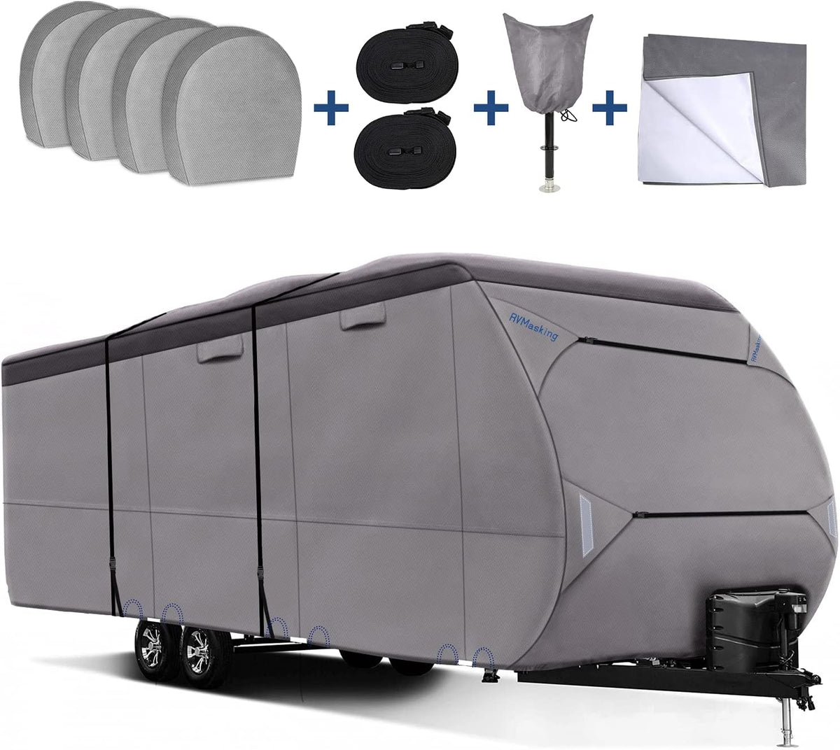 Upgraded Waterproof 500D Travel Trailer RV Cover with 4 Tire Covers, Tongue Jack Cover T527849