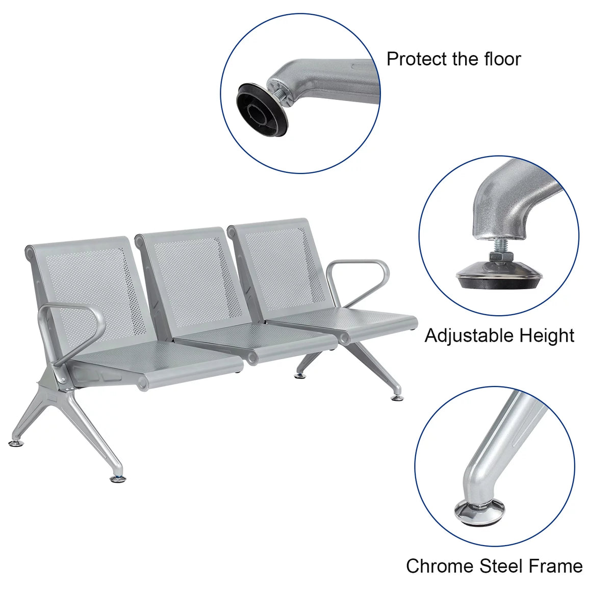 3-Seat Office Guest Waiting Chair Bench with Steel Frame U56244