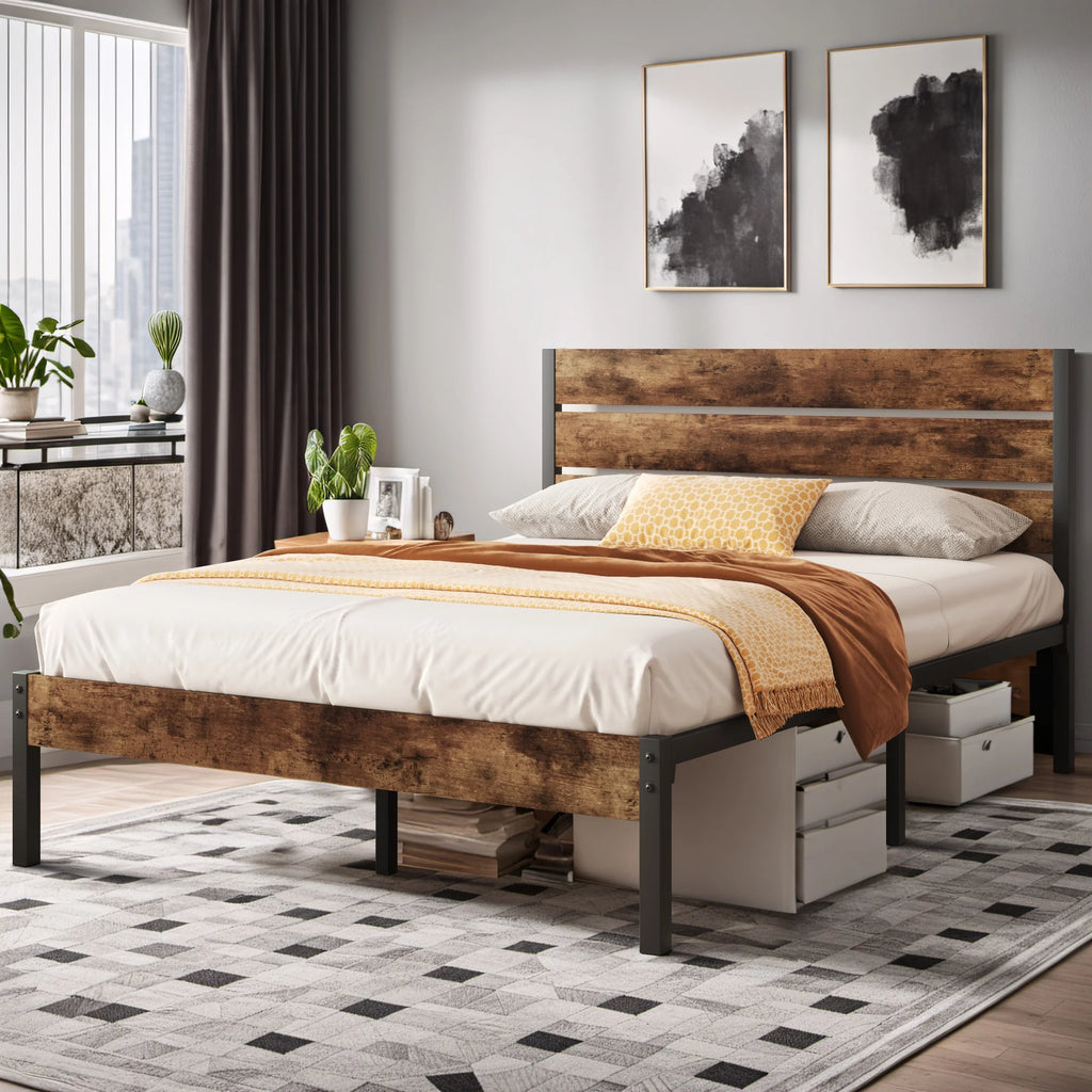 Queen Bed Frame with Wood Headboard and Footboard, Rustic Brown P641