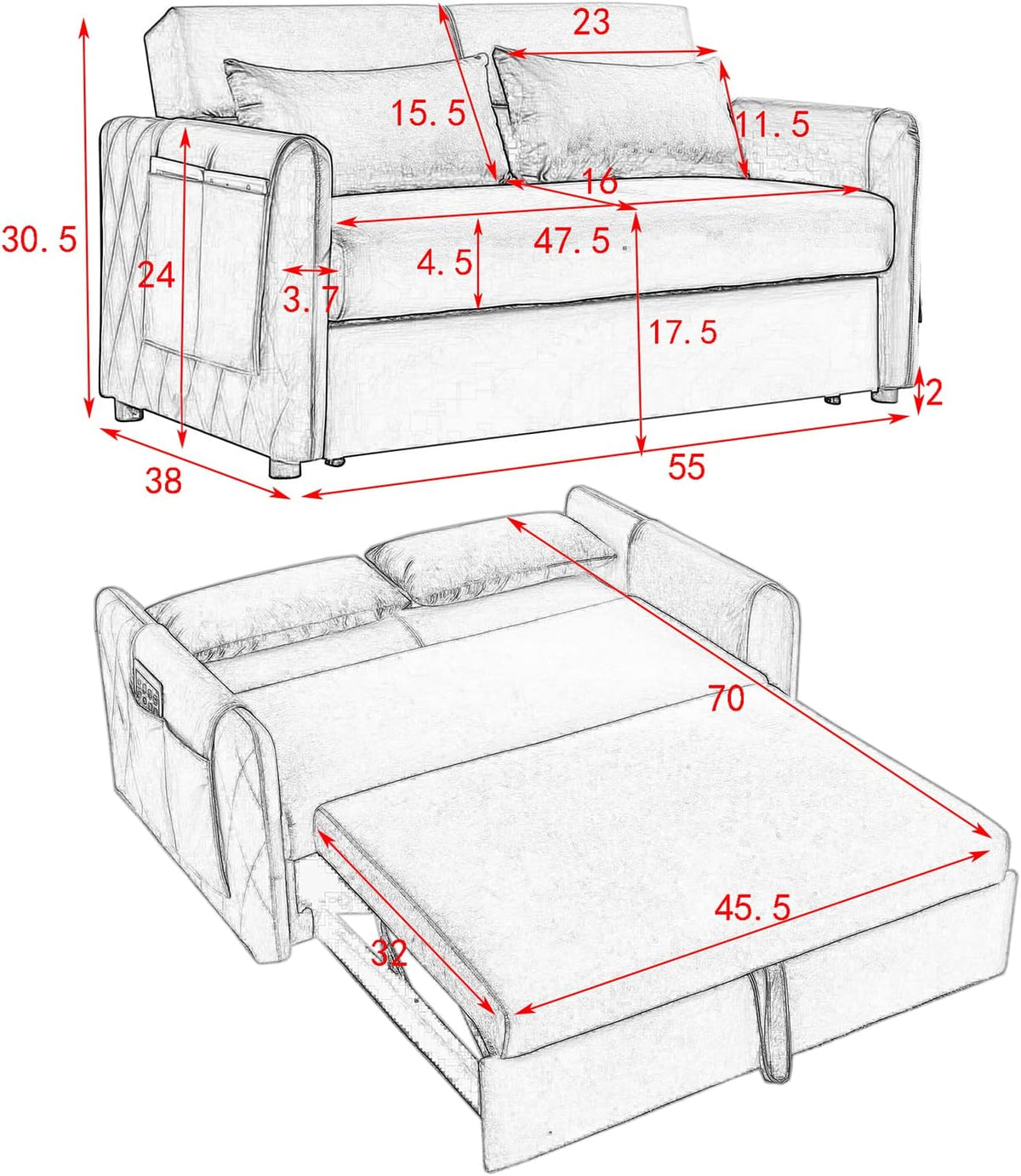 55" Velvet Convertible Sleeper Sofa with Pull Out Bed J3580